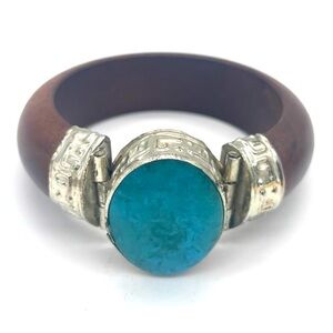 Vintage Tribal Bangle Wooded Bracelet w/ Silver Tone Accent & Turquoise Stone